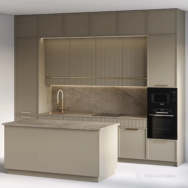Elegant Luxury Modern Kitchen Interior With Marble Island Counter Cabinets And Appliances 3d model 