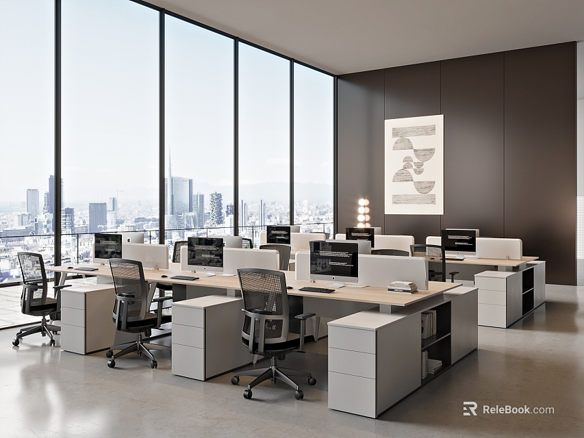 Spacious Public Office Space With Large Windows City View Modern Desks And Computers 3d model 