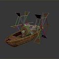 Vintage Wooden Boat Model With Metal Paddle Wheels And Mechanical Structure