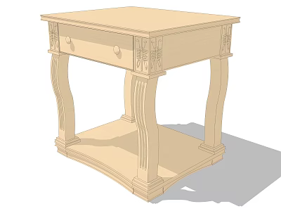 Light Colored Wooden Bedside Table With Drawer Carved Legs And Lower Shelf 3d model
