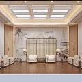 New Chinese Style Reception Room With Elegant Landscape Mural Warm Lighting And Comfortable Seats