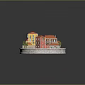 Cartoon Scene With Colorful Buildings Red Yellow Roofs Small Street Trees And Small Boat