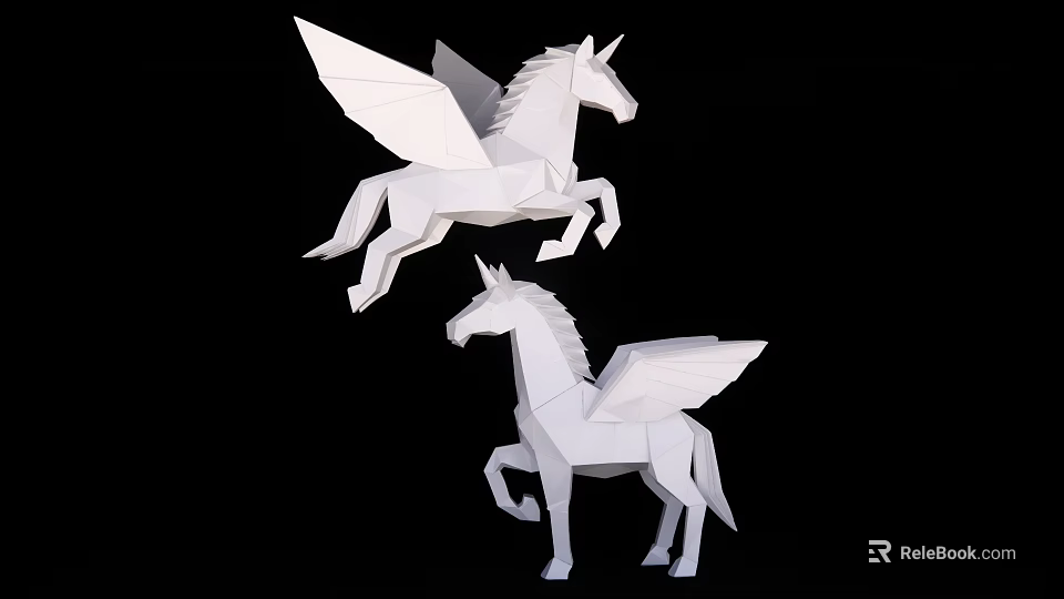 White Paper Origami Flying Unicorns With Wings Leaping On Black Background 3d model 