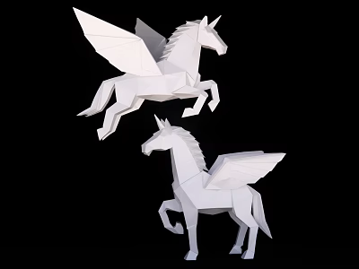 White Paper Origami Flying Unicorns With Wings Leaping On Black Background 3d model