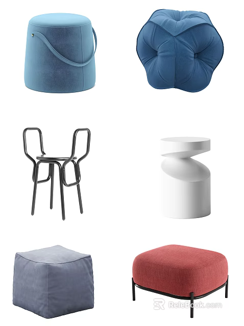 Modern Sofa Stools In Blue Red White With Comfortable Seats And Metal Frames 3d model 