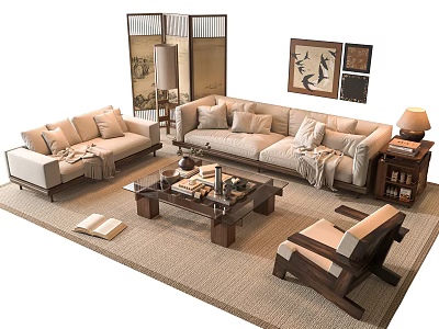 Modern Oriental Sofa and Coffee Table Set With Decorative Paintings Floor Lamp and Area Rug 3d model