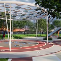 Children's Playground with Circular Play Areas Colorful Squares Walking Paths and Green Plants