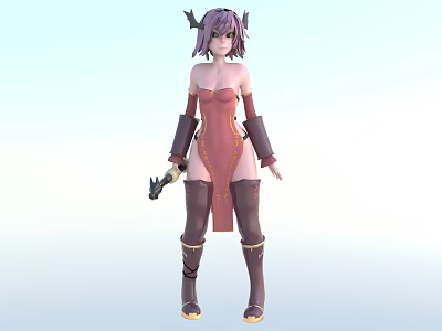 Anime Style Female Character With Pink Hair Horns Red Outfit And Weapon 3d model