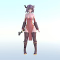 Anime Style Female Character With Pink Hair Horns Red Outfit And Weapon
