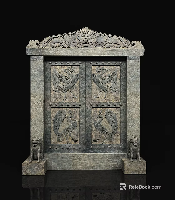 Traditional Ornate Stone Entrance Gate With Carved Phoenix And Lion Statues 3d model 