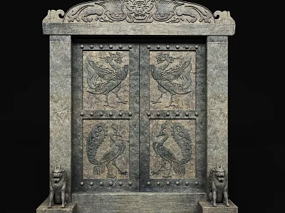 Traditional Ornate Stone Entrance Gate With Carved Phoenix And Lion Statues 3d model