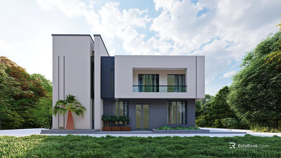Modern Detached Villa Exterior Design With Glass Doors Balcony And Green Plants 3d model 