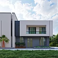 Modern Detached Villa Exterior Design With Glass Doors Balcony And Green Plants