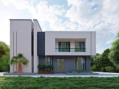 Modern Detached Villa Exterior Design With Glass Doors Balcony And Green Plants 3d model