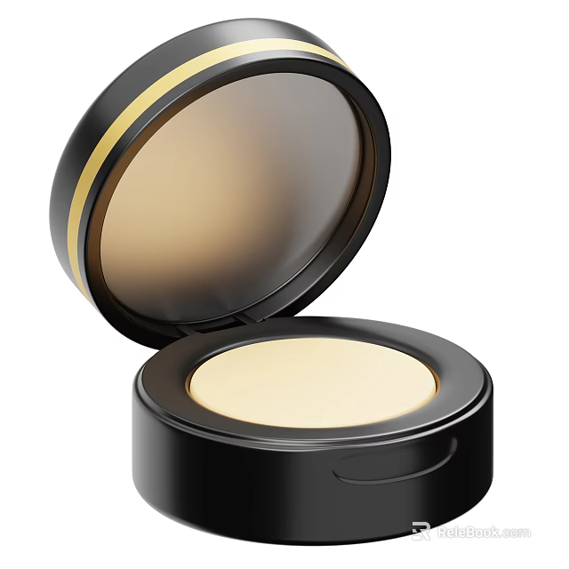 Open Black Cosmetic Powder Compact With Gold Trim And Light Beige Powder 3d model 