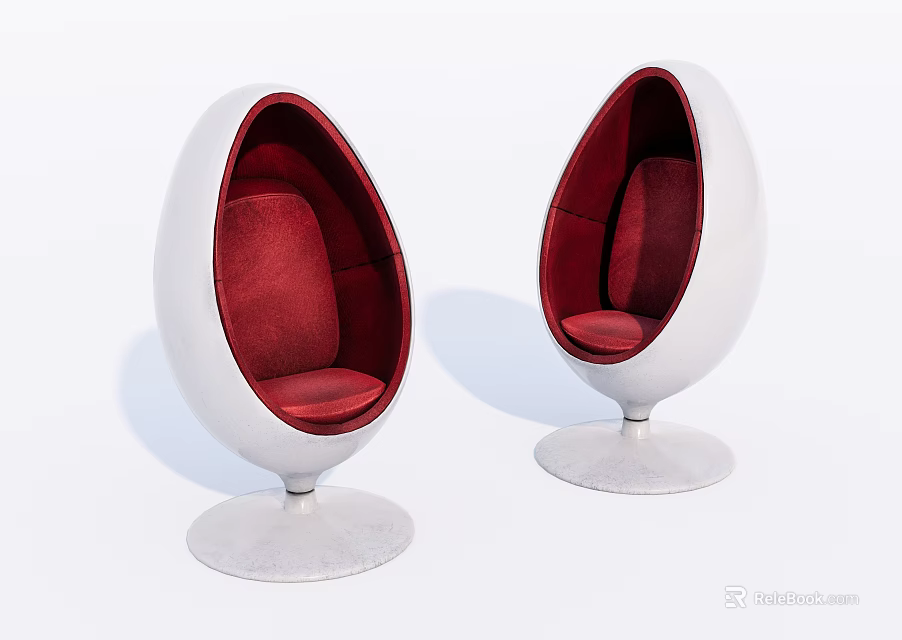 Two Egg Shaped Lounge Chairs With White Outer Shell And Red Cushions On Round Base 3d model 