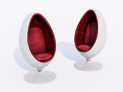 Two Egg Shaped Lounge Chairs With White Outer Shell And Red Cushions On Round Base 3d model