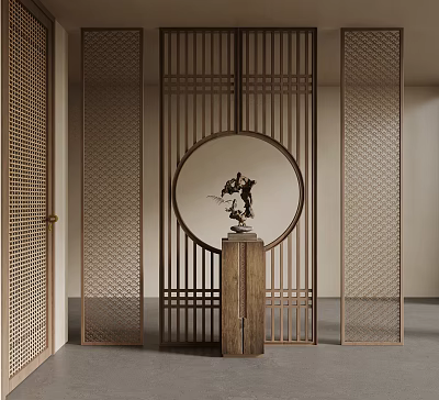 Traditional Entryway Hallway Interior Design With Wooden Lattice Screen And Circular Sculpture Decor 3d model