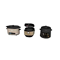 Three Modern Rice Cookers As Kitchen Appliances Placed On Wooden Floor With White Wall Background