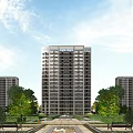 Tall Modern Residential Building Exterior With Many Windows Surrounded By Trees And Blue Sky