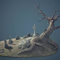 Desolate Hill Scene With Dead Tree Stone Cross And Stone Monuments