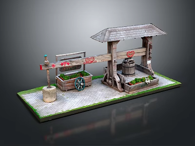 Charming Garden Ornament With Wooden Roofed Structure Plant Boxes And Decorative Wheel 3d model
