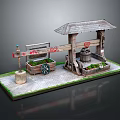 Charming Garden Ornament With Wooden Roofed Structure Plant Boxes And Decorative Wheel