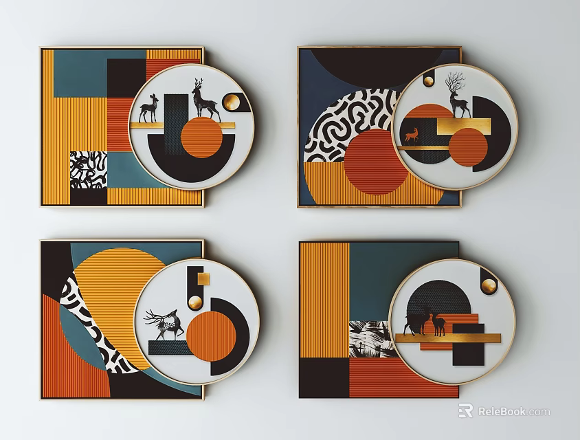 Modern Decorative Paintings with Geometric Patterns Deer Motifs and Circular Elements 3d model