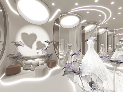 Modern Bridal Shop Interior With Wedding Dresses Heart Decor And Floral Accents 3d model
