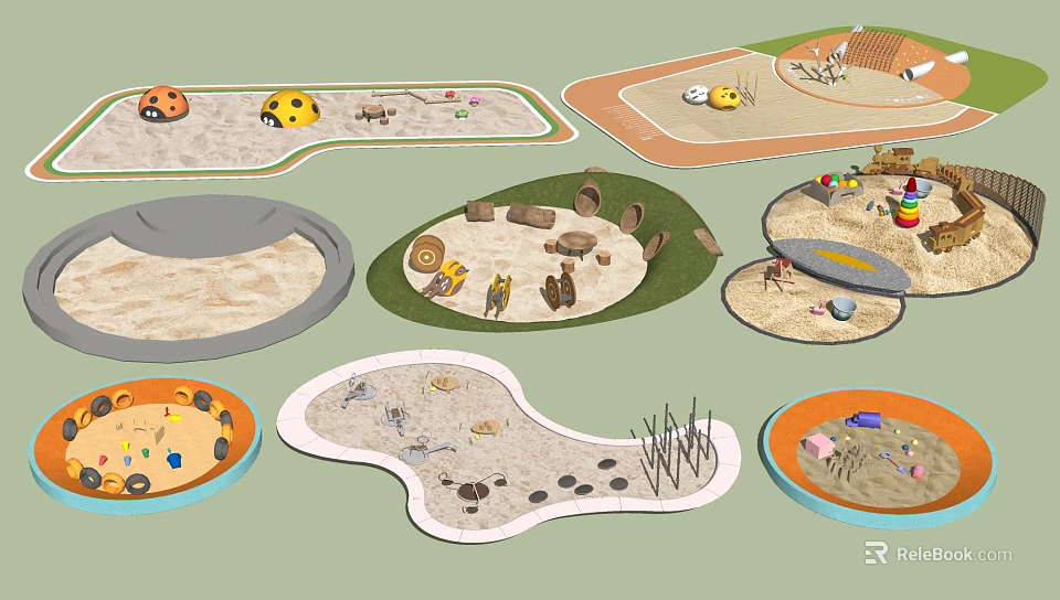 Diverse Children's Play Area With Shaped Sand Pits And Interactive Toys 3d model 