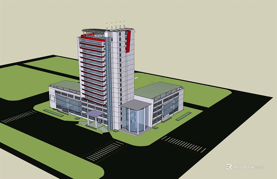Modern High Rise Office Building Featuring Glass Curtain Walls Red Accents Green Lawns Parking Areas 3d model 