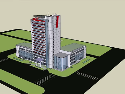 Modern High Rise Office Building Featuring Glass Curtain Walls Red Accents Green Lawns Parking Areas 3d model
