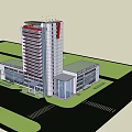 Modern High Rise Office Building Featuring Glass Curtain Walls Red Accents Green Lawns Parking Areas