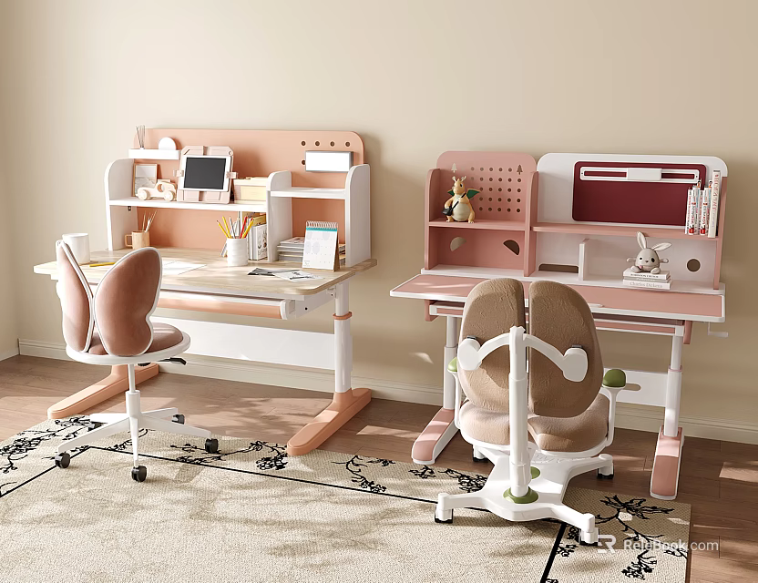Modern Kids Desk With Adjustable Study Table Storage Shelves And Ergonomic Chair 3d model 