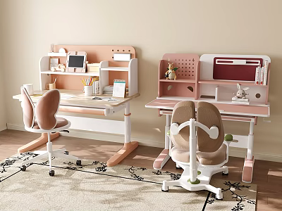 Modern Kids Desk With Adjustable Study Table Storage Shelves And Ergonomic Chair 3d model