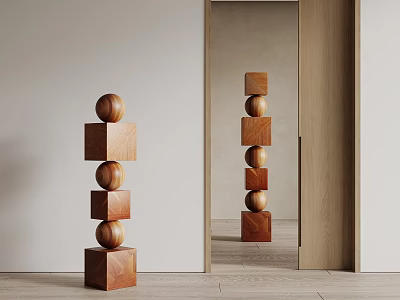 Wooden Stacked Blocks And Balls With Mirror Reflection In Minimal Interior 3d model