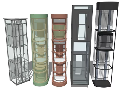 Various Types of Elevator Designs with Cylindrical Square Framed and Transparent Structures 3d model