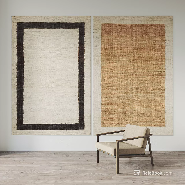 Beige And Brown Square Rugs With Black Border Woven Design In Interior Decor With Chair 3d model 