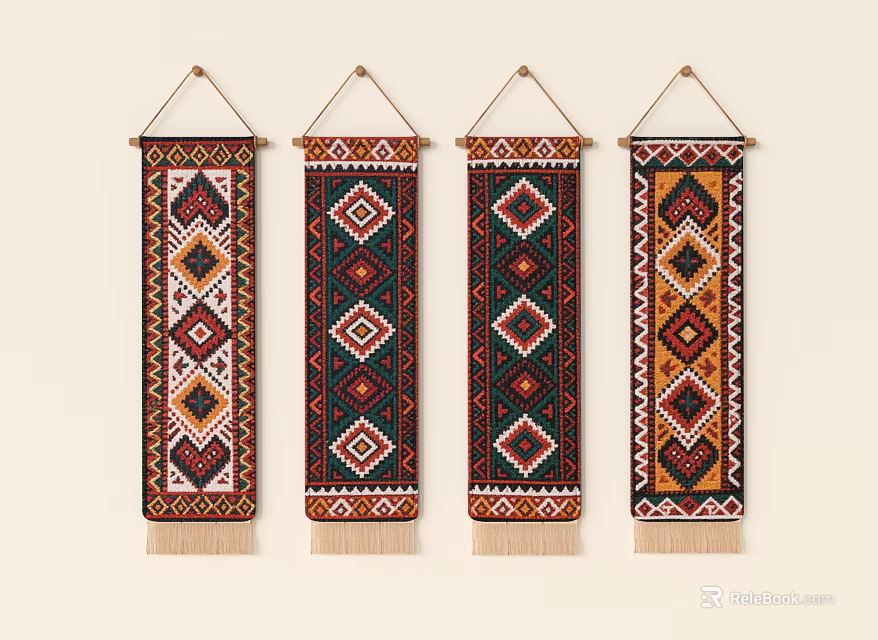 Four Decorative Wall Hangings With Geometric Patterns Colorful Design And Tassels 3d model 