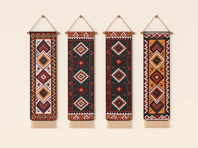 Four Decorative Wall Hangings With Geometric Patterns Colorful Design And Tassels 3d model