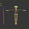 Man In Brown Shirt Green Pants White Conical Hat Arms Outstretched Next To Hay Fork