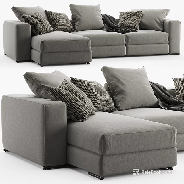 Gray Sectional Sofa With Multiple Cushions And Throw Blanket Modern Design 3d model