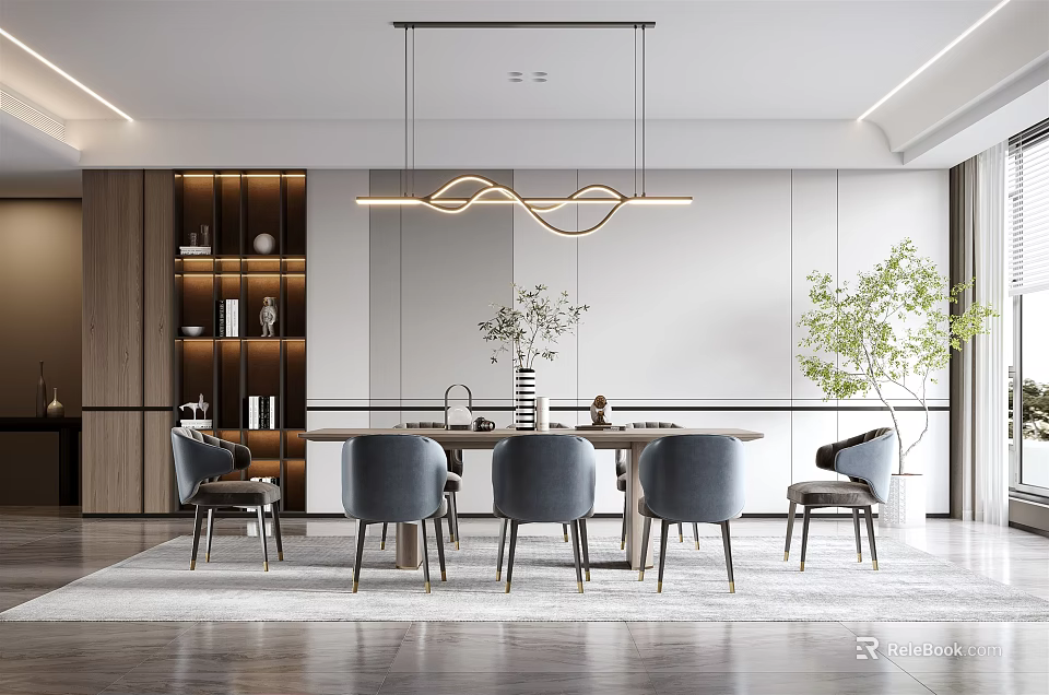 Modern Luxury Restaurant Interior With Dining Table Marble Top Chairs Pendant Light And Greenery 3d model 