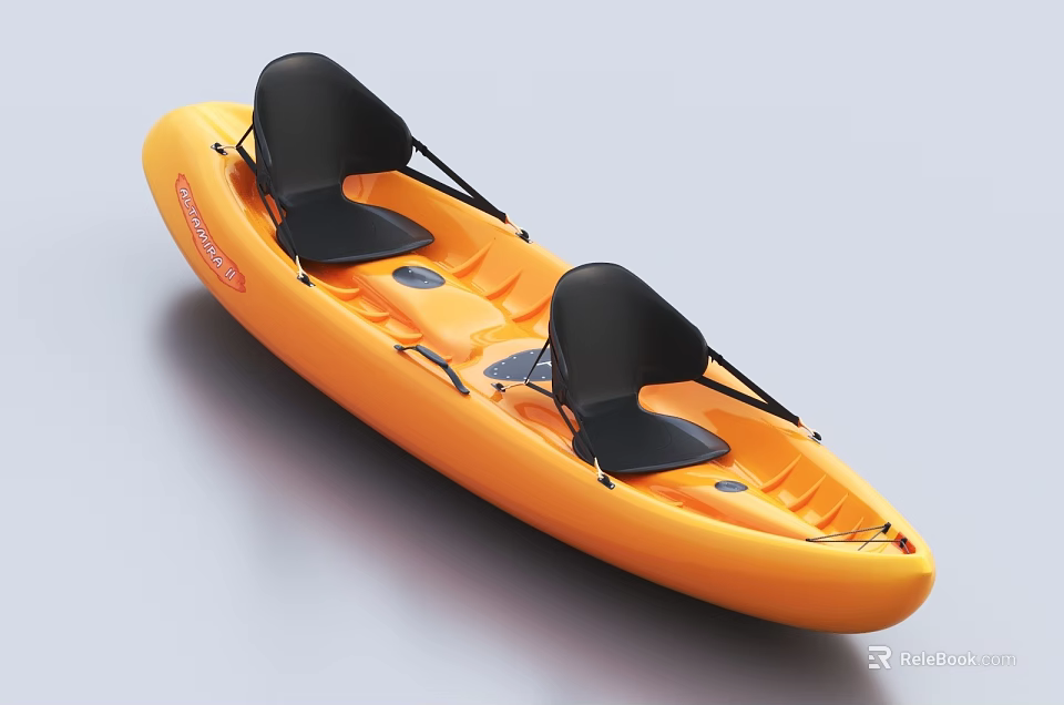 Orange Recreational Two Person Kayak With Black Seats And Smooth Structure 3d model 