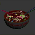 Delicious Red Bowl Soup Served with Noodles Meat Slices Green Onions Chopsticks Spoon