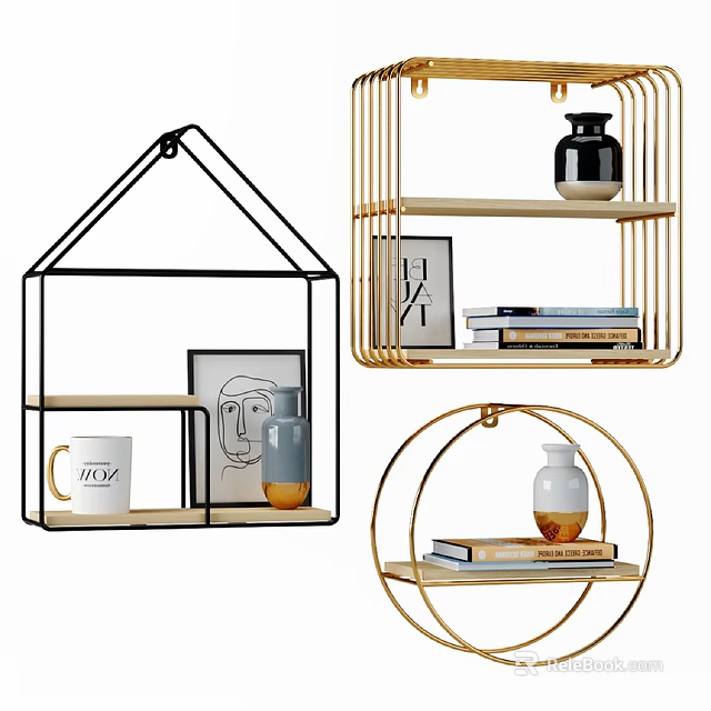 Modern Decorative Shelving Units With Metal Frames Holding Vases Books And Decorative Items At Home 3d model 