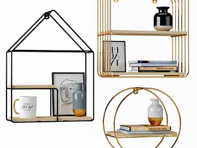 Modern Decorative Shelving Units With Metal Frames Holding Vases Books And Decorative Items At Home 3d model