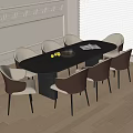 Modern Dining Table Set With Black Oval Tabletop And Six Beige Brown Chairs 3d model