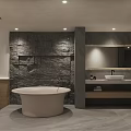 Hotel Room With Two Beds Sun Shaped Wall Decor Indoor Plants And Stone Wall Bathtub