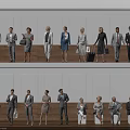Multiple Business Professionals Standing And Seated In Indoor Office With Wooden Walls And Lighting